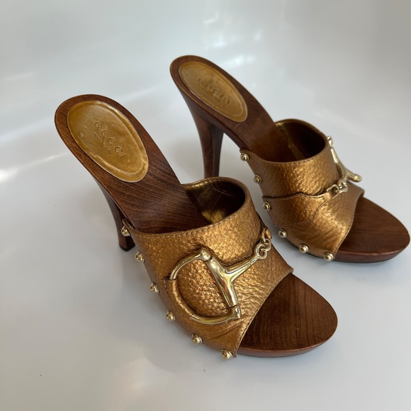 GUCCI HORSEBIT WOODEN PLATFORM SANDALS COPPER LEATHER SZ 36 6. - Picture 2 of 16